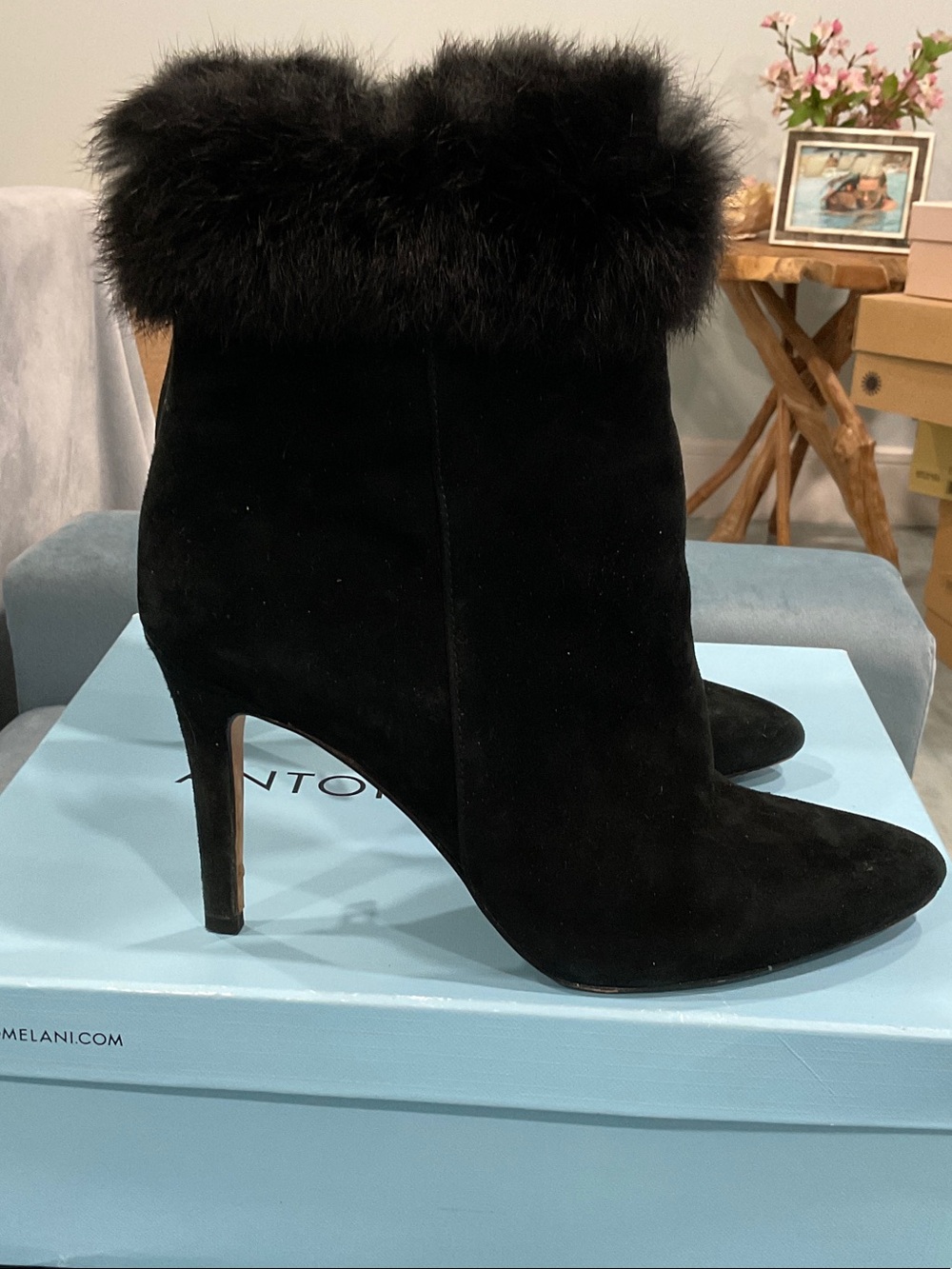 ANTONIO MELANI Black Suede Fur-Trim Stiletto Ankle Boots